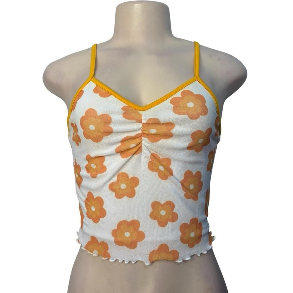 Orange Floral Ruched Spaghetti Strap Camisole - 90s Inspired